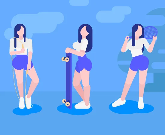 Flat Vector Character Girls Healthy Lifestyle With Sports Items Illustration