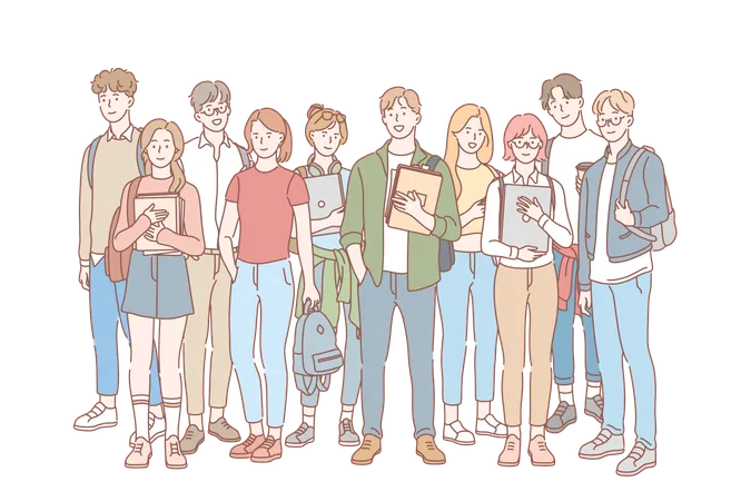 Student Education Study College Set Concept Group Of Young Men Women Students Friends Teenagers Together University And College Life Education Learning Study Process Simple Flat Vector Illustration