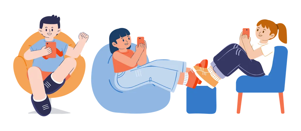 Group Of Joyful Teenage Female And Male Use Smartphone Play Games Or Chatting In Cartoon Character Vector Illustration Illustration