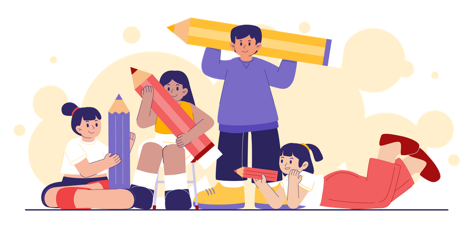 Group of teenage holding color pencil  Illustration