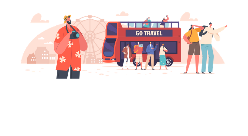 Group of tourist doing sightseeing using city bus  Illustration