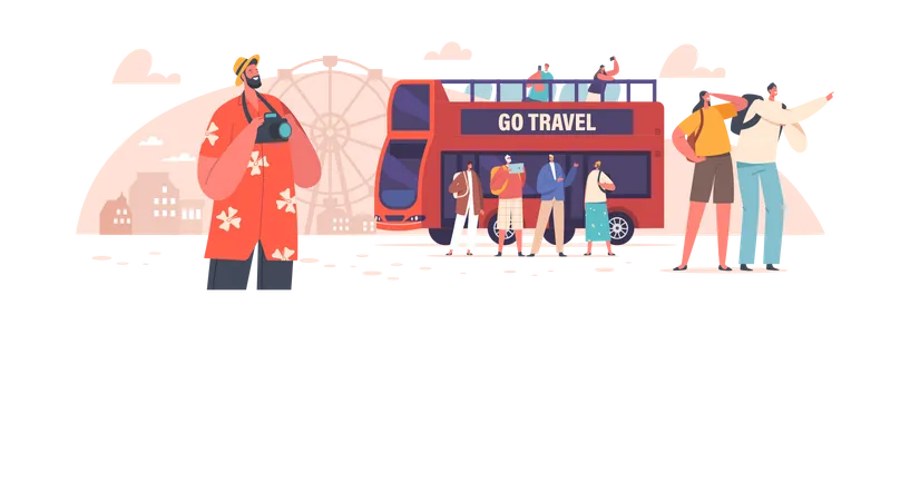 Group of tourist doing sightseeing using city bus  Illustration