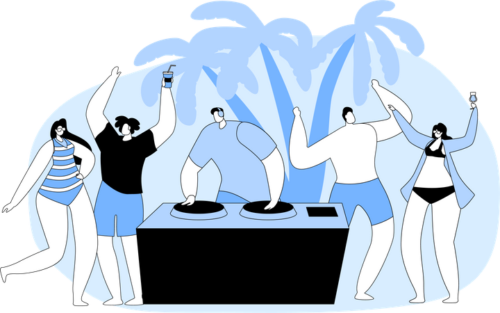 Group of tourist enjoying beach DJ party  Illustration