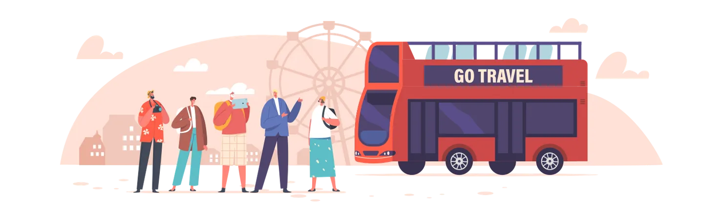 Travel And Tourism Concept City Bus Tour In Double Decker Group Of Tourists On Excursion In Europe Diverse Male And Female Characters Visiting Sightseeing Cartoon People Vector Illustration イラスト