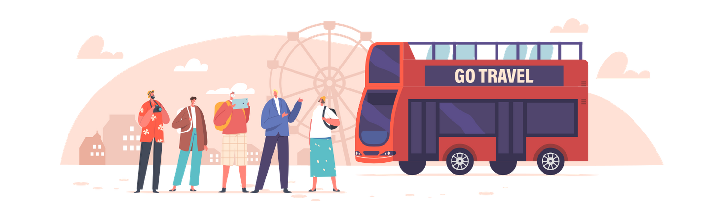 Group Of Tourists On Excursion In Europe Sightseeing  Illustration
