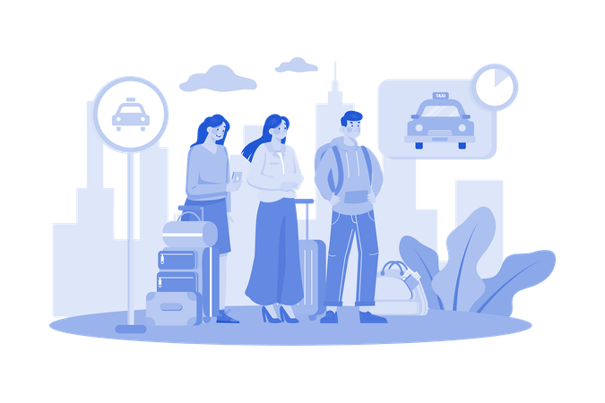 Group of tourists with their luggage waiting for taxi  Illustration