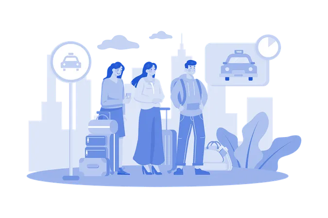 Group of tourists with their luggage waiting for taxi  Illustration