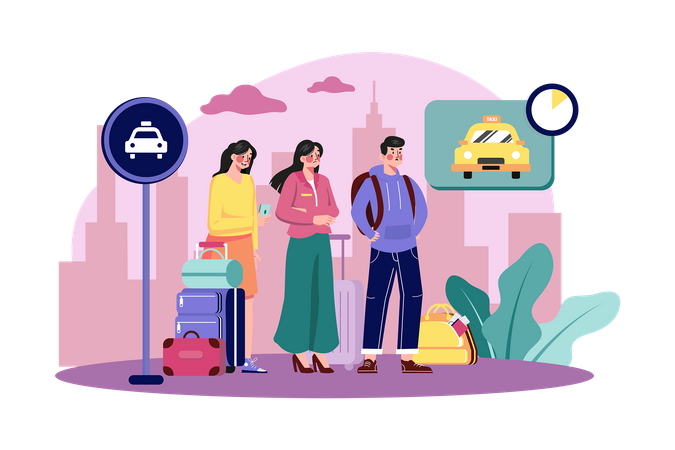 Group of tourists with their luggage waiting for taxi Illustration