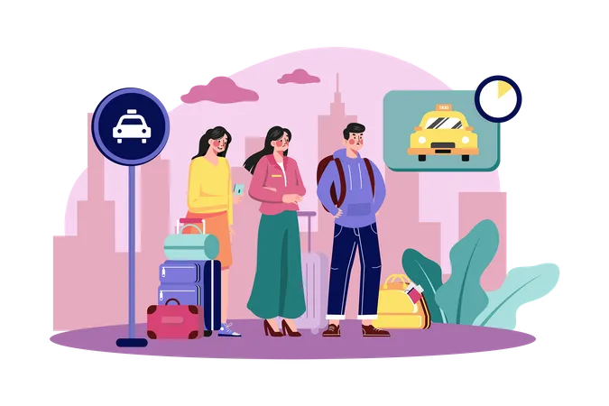 Group of tourists with their luggage waiting for taxi  Illustration