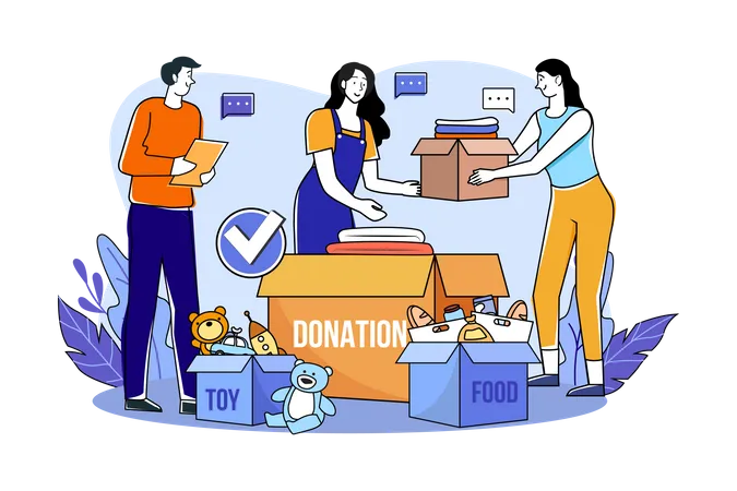 Group of volunteers sorting charity items Illustration