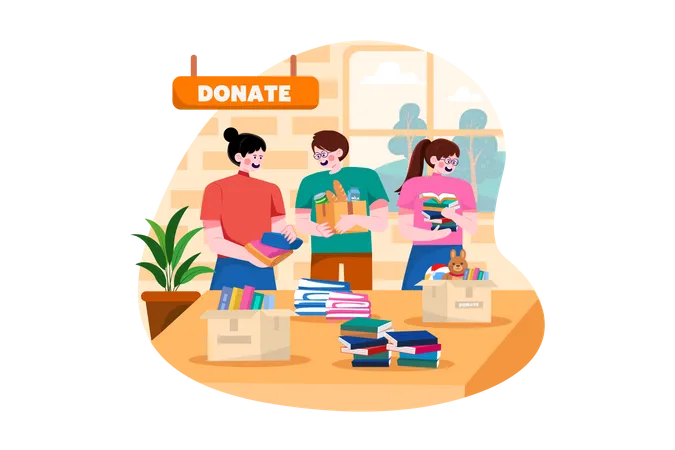 Group of volunteers sorting charity items Illustration