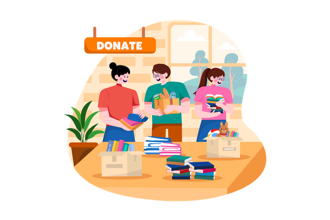 Group of volunteers sorting charity items  Illustration