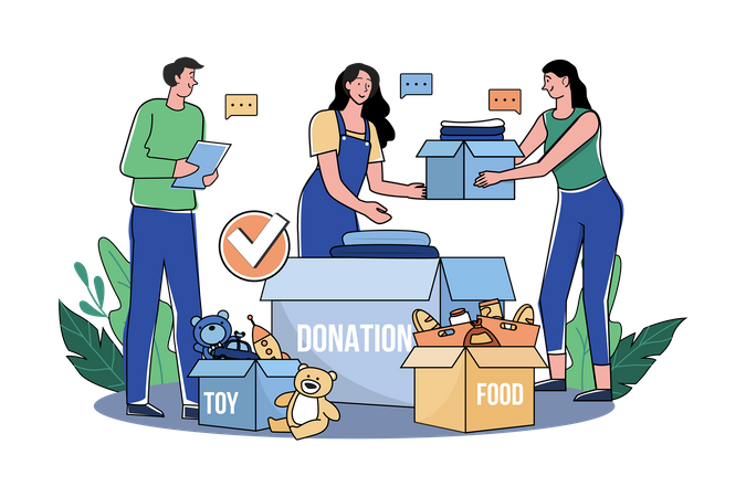 Group of volunteers sorting charity items  Illustration