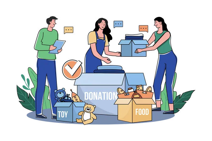 Group of volunteers sorting charity items  Illustration