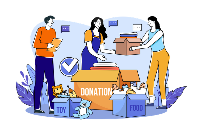 Group of volunteers sorting charity items  Illustration