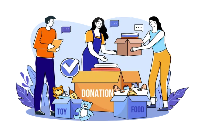 Group of volunteers sorting charity items  Illustration