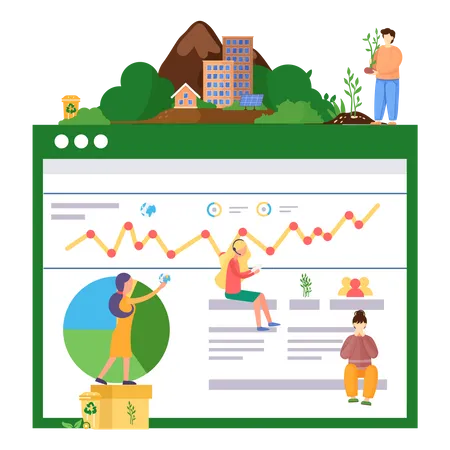 Group of woman is working with statistics of planet  Illustration