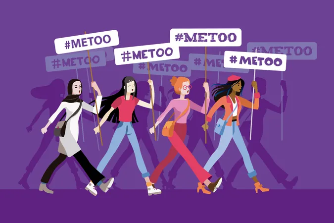 Group of women from different ethnic groups march, protesting and displaying metoo banners  Illustration