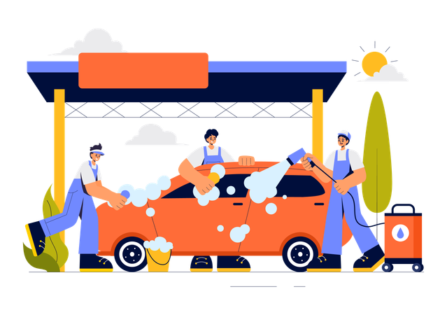 Group of worker cleaning car  Illustration