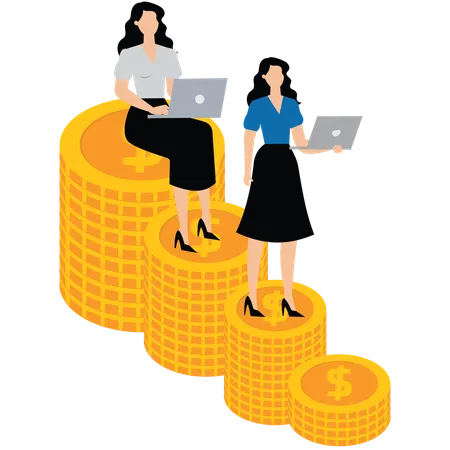 Group of Working Businesswomen on an Gold Pile  Illustration
