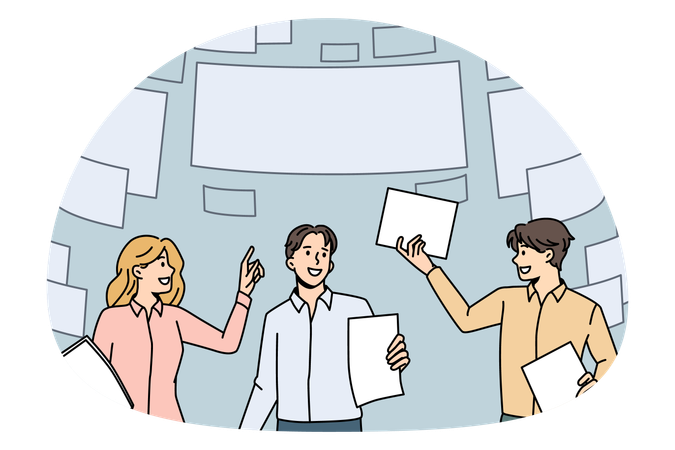 Group of young business partners teammates standing with papers and flying documents above  Illustration