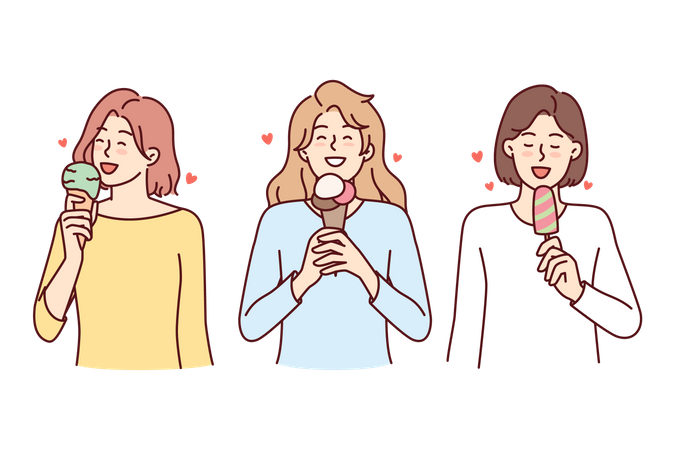 Group of young girls eating ice cream cone Illustration