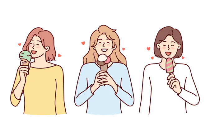 Group of young girls eating ice cream cone Illustration