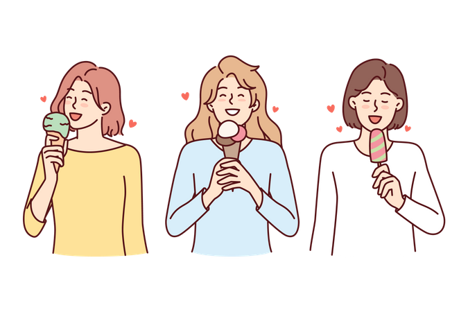 Group of young girls eating ice cream cone  Illustration