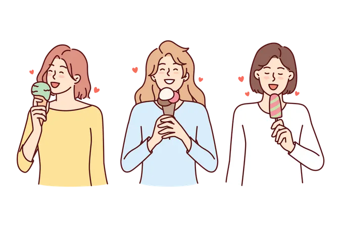 Group of young girls eating ice cream cone  Illustration