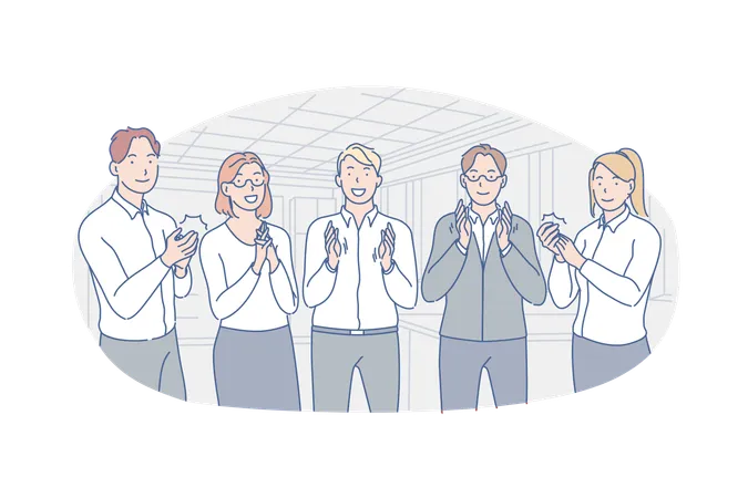 Business Team Congratulation Applause Concept Group Of Young Happy Business People Applause In Honor Of Career Growth Colleagues Men And Women Greet New Team Member Simple Flat Vector Illustration