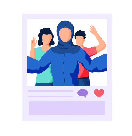 Group of young people taking selfie photo. Funny friends waving hands selfie photography  Illustration