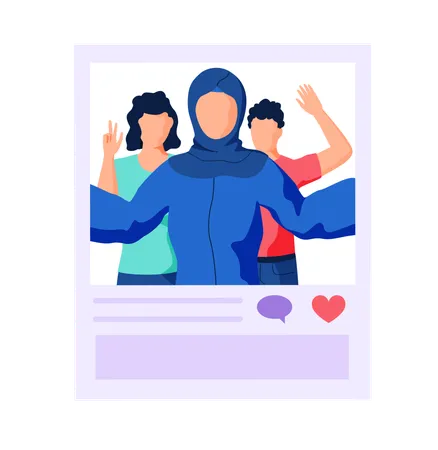 Group of young people taking selfie photo. Funny friends waving hands selfie photography  Illustration