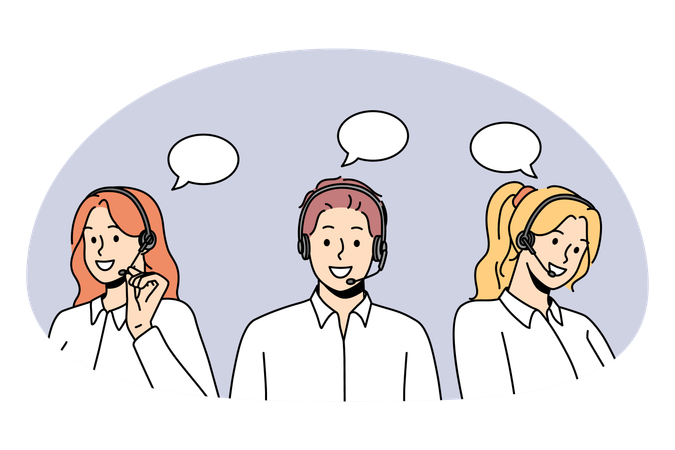 Group of young people workers in headsets communicating with clients trying to solve problems v  Illustration