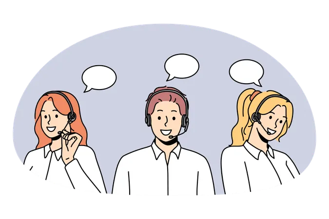 Group of young people workers in headsets communicating with clients trying to solve problems v  Illustration