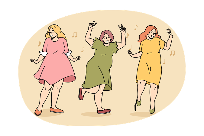 Group of young women plus size obsolete dancing having fun enjoying life together  Illustration