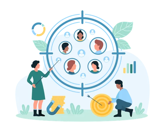 Target Audience Research Service Vector Illustration Cartoon Tiny People Study Consumers Focus Group Find Profiles Of Customers Inside Circle Snipers Aim And Individual Approaches To Clients Illustration