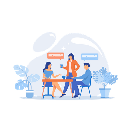 Groupe d'amis assis à table, parlant et buvant du café  Illustration