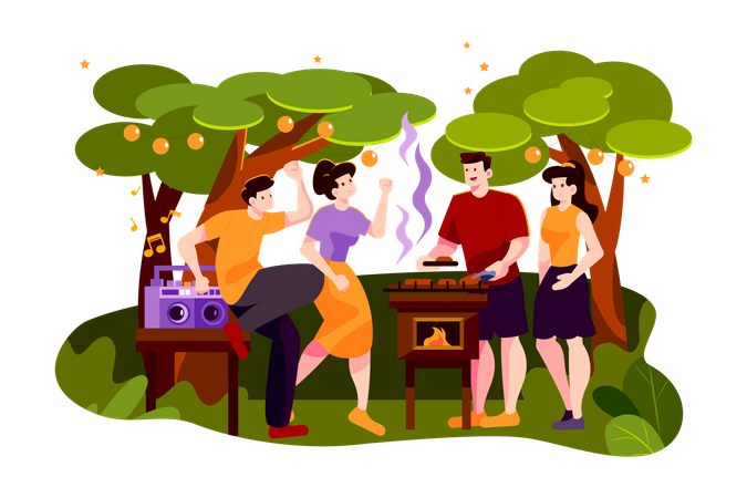 Groupe d'amis dansant lors d'une soirée barbecue en plein air  Illustration