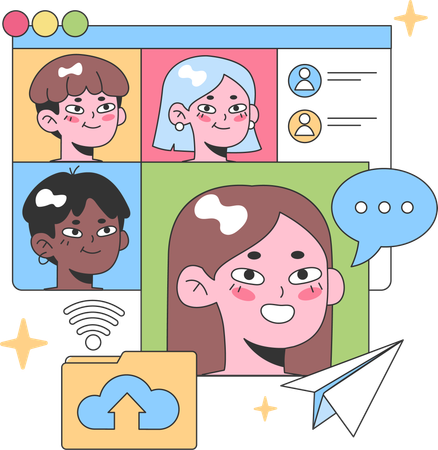 Un groupe diversifié d'amis s'engage dans une plateforme de chat en ligne  Illustration