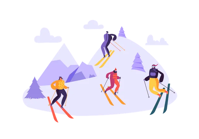 Groupe d'amis appréciant le ski  Illustration