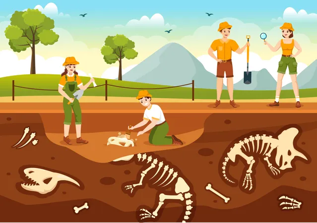 Groupe d'archéologues travaillant sur un site de fouille de fossiles  Illustration