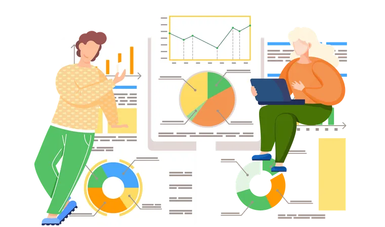 Groupe d'employés travaillant sur un diagramme circulaire  Illustration