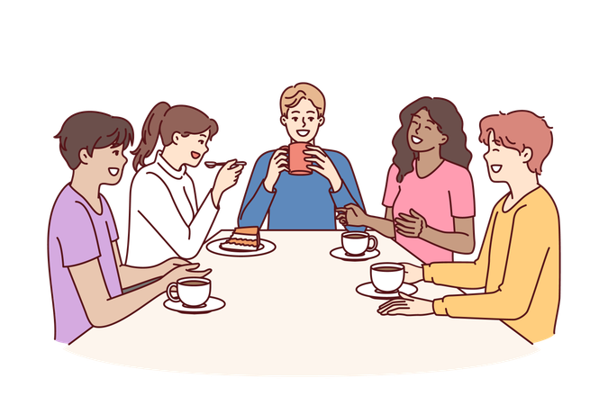 Un groupe de collègues multiethniques boivent du café assis à table pendant les pauses et rient  Illustration