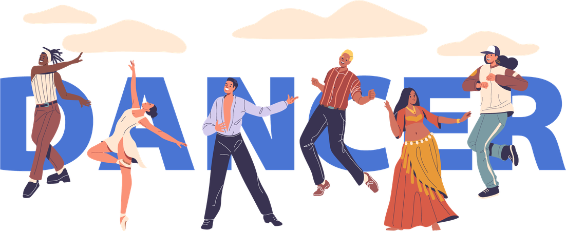 Groupe de danseurs présentant divers styles de danse  Illustration