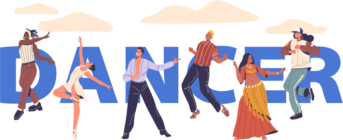 Groupe de danseurs présentant divers styles de danse  Illustration