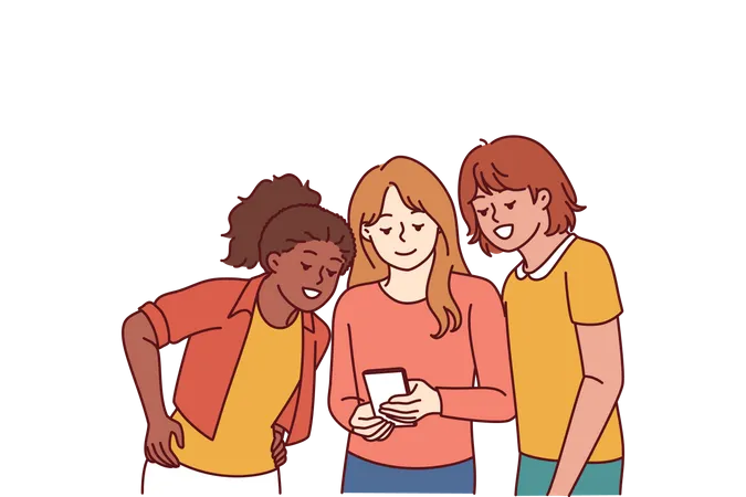 Groupe de filles regardant quelque chose sur mobile  Illustration