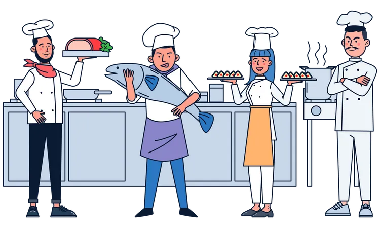 Groupe de chefs cuisiniers cuisinant ensemble  Illustration