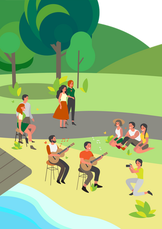 Groupe de musique jouant de la guitare dans le parc  Illustration