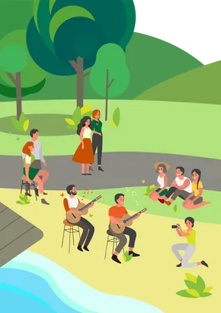 Groupe de musique jouant de la guitare dans le parc  Illustration