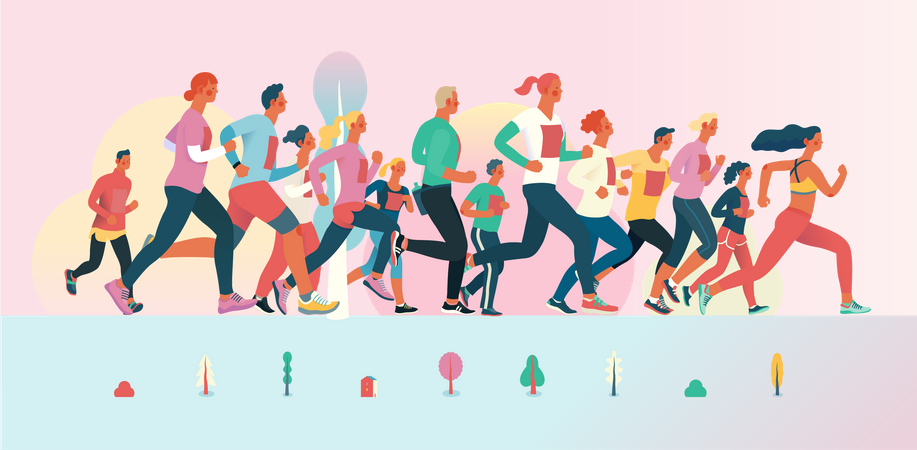 Groupe de personnes courant un marathon  Illustration